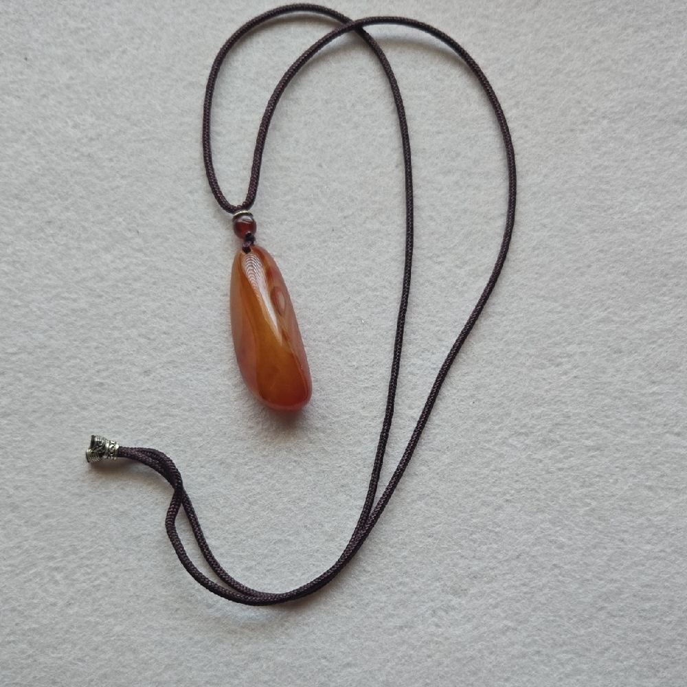 Carnelian Agate Pendant Necklace Black Cord 25" Long